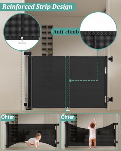 Miumoon 59 inch Reinforced Retractable Baby Gates 34 inch Tall - color: Black, size: 34" Tall x 59" Wide