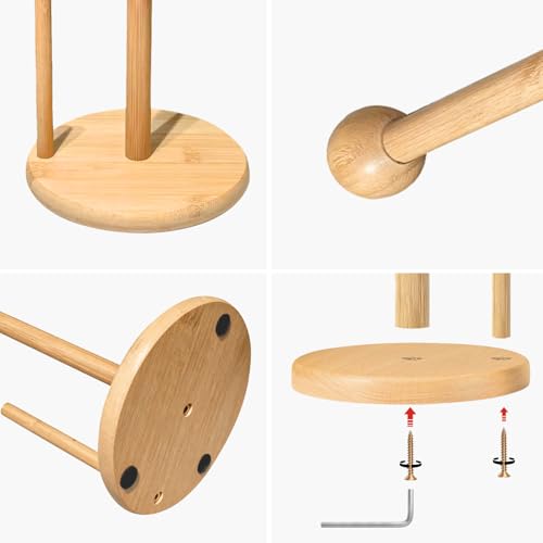 Bamboo and Wood Wooden Tissue Rack countertop, Kitchen and Dining Bathroom Vertical Round Ball Double Column Tissue Rack, Large Plate Stable Round Base, Suitable for Standard and Large tissues