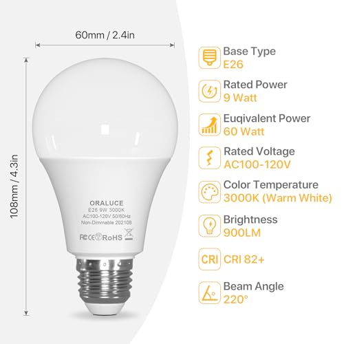 ORALUCE E26 LED Light Bulb 60 Watt, A19 9W 3000K Warm White, 6 Pack - color: Warmwhite, size: 6 Count (Pack of 1)