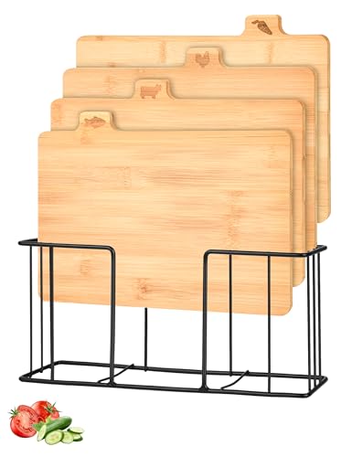 Bamboo Cutting Board Set with Meatal Stand, Lexda 4PCS Eco-Friendly Labeled Tabs Cutting Board, Durable Cutting Boards Kitchen For Chopping Fruit, Meat, Cheese, Veggies - 11" x 8"