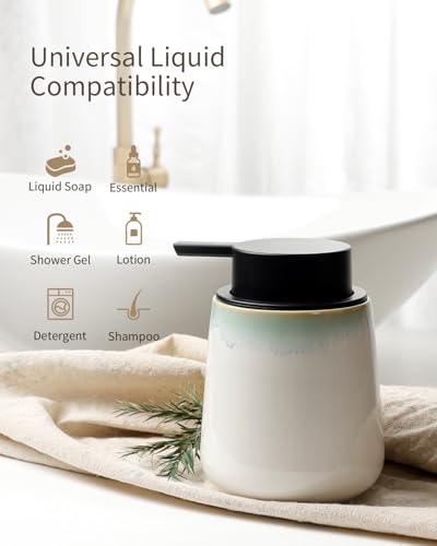 BosilunLife Ceramic Soap Dispenser - Dish Soap Dispenser for Bathroom 12Oz - color: White With Blue-green Rim