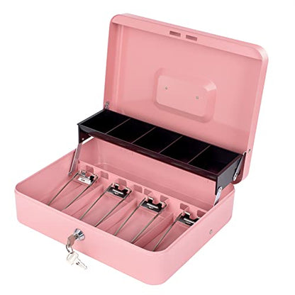 Cash Box with Money Tray and Lock, Metal Money Box for Cash Register 4 Keys - color: Pink