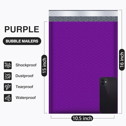 UCGOU Bubble Mailers 10.5x16" Purple 25 Pack Usable Size 10.5x15" Padded - color: Purple, size: 10.5x16" 25PC