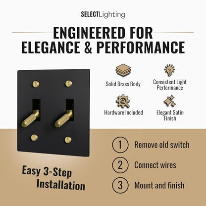SELECT 2-Gang Solid Brass Toggle Switch, 3-Way Compatible with Faceplate - color: Black with Brass, size: 2 Gang, style: Toggle Switch