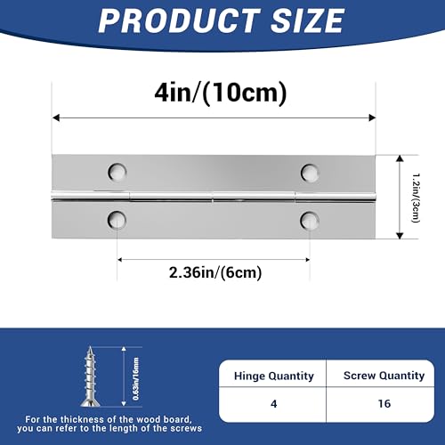 4 pcs Continuous Piano Hinges,4"x1.2",0.047 inch Leaf Thickness - size: 4 Inch