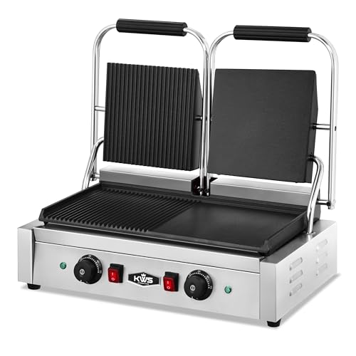 KWS CPM-23 3400W Electric Panini Press Maker with Left Grooved & Right Smooth Dual Sandwich Toasting Grill – 19″ X 9″ Cooking Surface