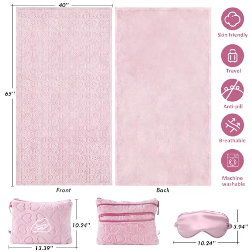 Travel Blanket, Airplane Blanket, Ultra-Soft, Warm & Lightweight, 65x40 in, Outdoor Blanket Essentials for Women, Men & Kids, Included Eye Mask, Luggage Sleeve & Backpack Clip Heart Pink - color: Heart Pink