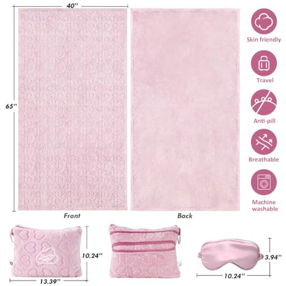 Travel Blanket, Airplane Blanket, Ultra-Soft, Warm & Lightweight, 65x40 in, Outdoor Blanket Essentials for Women, Men & Kids, Included Eye Mask, Luggage Sleeve & Backpack Clip Heart Pink - color: Heart Pink