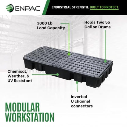 ENPAC 2 Drum Spill Containment Pallet, U-Connect Linking Modular Workstation, 72"x49"x6.5", 3000 lbs. Load Capacity, 76.5-Gallon Spill Capacity, EPA/OSHA Compliant, Made in USA - color: Black Recycled, size: 2 Drum