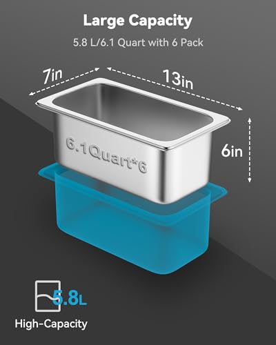 ZeroPone 6 Pack Hotel Pans 1/3 Size 6" Deep Stainless Steel Steam Table Pan - color: 6 INCH, size: 1/3 SIZE