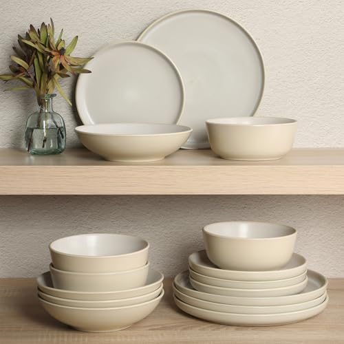 Gibson Elite Tribeca Loft 16-Piece Dinnerware Set – Matte Cream and White Reactive Glaze Stoneware, Double Bowl Round Plates and Bowls – Modern Neutral Tableware for 4, Dishwasher & Microwave Safe - color: Matte Cream & White (Tribeca Loft)