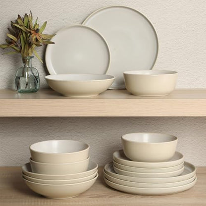 Gibson Elite Tribeca Loft 16-Piece Dinnerware Set – Matte Cream and White Reactive Glaze Stoneware, Double Bowl Round Plates and Bowls – Modern Neutral Tableware for 4, Dishwasher & Microwave Safe - color: Matte Cream & White (Tribeca Loft)