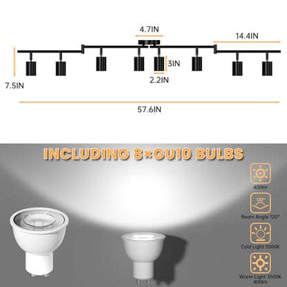 LED 8 Light Track Lighting Kit, 57.6" Black 8 Way Ceiling Spotlights Fixture, 3 CCT Adjustable, with Flexibly Rotatable Light Heads for Kitchen, Living Room, Bedroom, Includes 8 x GU10 Bulb - color: Black, size: 8