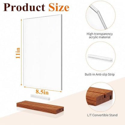 8.5x11 Acrylic Sign Holder with Wooden Base 4 Pack Adjustable Vertical/Tilt - color: Warm Brown, size: 8.5"x11"