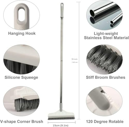 2 in 1 Floor Brush Scrubber with Long Handle Grout Brush 3 Poles 53.5'' New Upgrade Stiff Bristle Cleaning Scrub Brush with Squeegee 120°Rotating Tile Brush for Cleaning Bathroom Glass Patio Kitchen - color: White