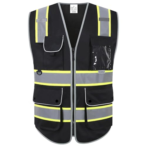 XIAKE Reflective Safety Vest for Men & Women High Visibility Class 2 Vest with Pockets Meets ANSI Standards - color: Black Yellow Trim, size: XX-Large