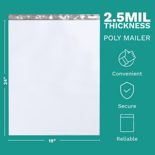 19" x 24" Extra-Large Poly Mailer Envelopes - 500 Count, Self Seal White Plastic Mailing Bags with Adhesive Strip, 2.5 Mil Thick, Waterprrof & Tear/Puncture Proof Unpadded Shipping Mailers - GPI - size: 19" x 24"