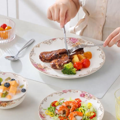 Bone China Dinnerware Set for 4, 12 Pcs Floral Plates and Bowls, Rose Bloom - color: Blush rose