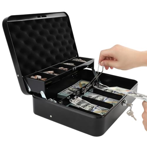 Cash Box with Money Tray and Key Lock,Safe Box for Cash Saving Key Lock Money Organizer,Cash Drawer, 11.8" x 9.5" x 3.5", K-Black - color: K-Black