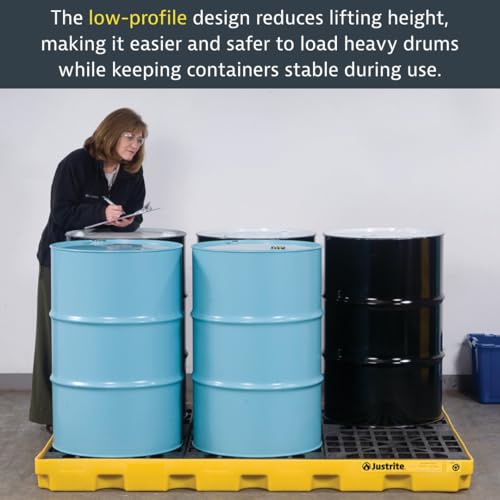 Justrite Low Profile 1 Drum Spill Containment Pallet Accumulation Center - 5.5" Tall - 12 Gal Capacity for 55 Gallon Drum Containment - Made in The USA from 30% Recycled Polyethylene - Yellow - 28652 - color: Yellow, style: 1 Drum