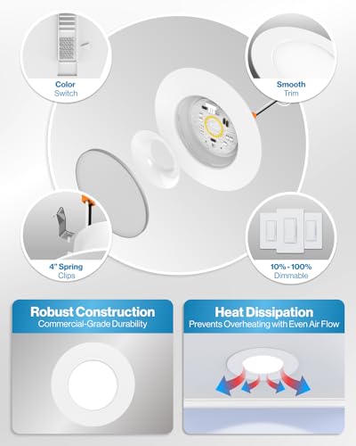 Sunco 6 Pack 4 Inch Retrofit LED Flat Recessed Can Lights, 5CCT, 10W=60W