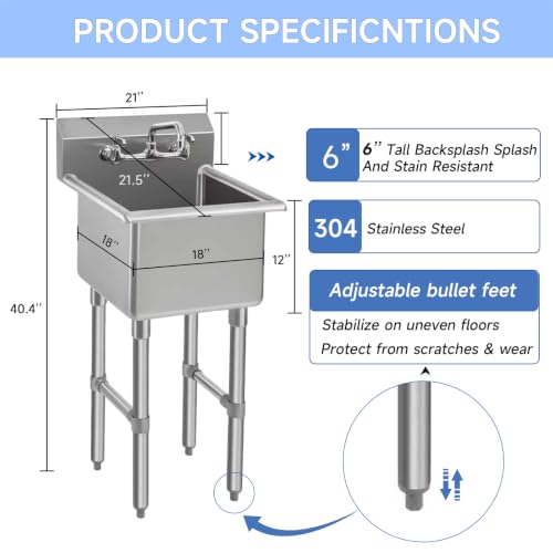 ROCKPOINT Stainless Steel Prep & Utility Sink with 8" Faucet, 1 Compartment Commercial Handmade Sink with 18" D x 18" W x 12" H Bowl for Restaurant,Kitchen,Laundry,Hotel and Home - size: 18"W x 18"D, style: compartment sink