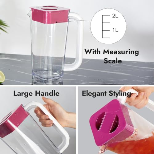 CURTA 2 Pack 2 Liters/68 oz Plastic Pitcher with Lid & Handle for Kitchen,ICED JUICE and Coffee Carafe Beverage Serveware, Acrylic Water Jug for Hot/Cold Drinks&lemonade - color: Red & Red