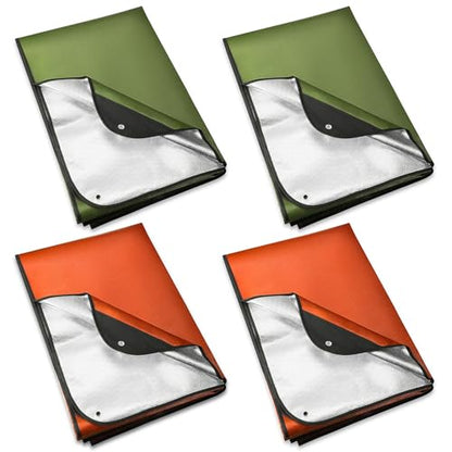 Kanayu 4 Pcs Emergency Thermal Survival Blankets 82 x 60 Inch,Heavy Duty Emergency Poncho Tarp Reusable Waterproof Blanket for Car,Camping,Hiking(Olive Green, Orange) - color: Olive Green, Orange