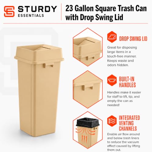 23 Gallon Beige Square Plastic Kitchen Trash Can with Drop Lid - color: Beige