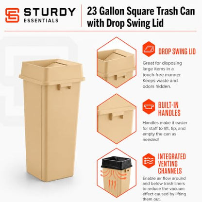 23 Gallon Beige Square Plastic Kitchen Trash Can with Drop Lid - color: Beige