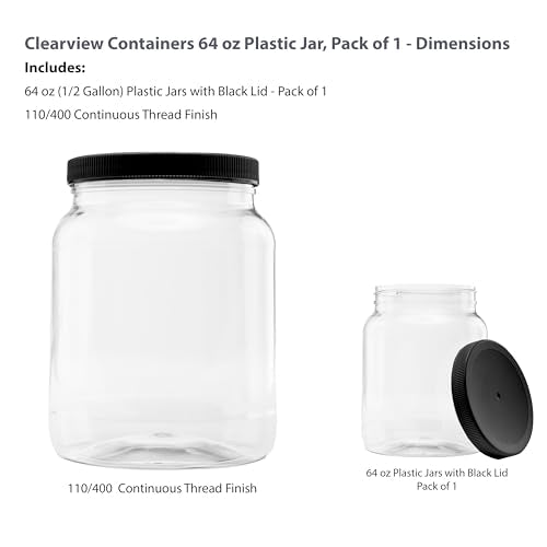 1 Pack - 64 oz (Half Gallon) Plastic Storage Jars with 110-400 Leak Proof Black Lid, Food Grade, BPA Free, Hand Wash Only (64oz, 1pk, BLK) - size: 1pk - 64oz, Black