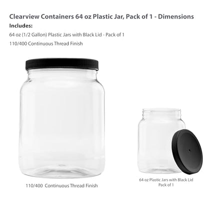 1 Pack - 64 oz (Half Gallon) Plastic Storage Jars with 110-400 Leak Proof Black Lid, Food Grade, BPA Free, Hand Wash Only (64oz, 1pk, BLK) - size: 1pk - 64oz, Black