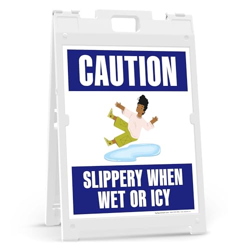 Caution Slippery When Wet Or Icy With Graphic Folding Floor Sign, 18x24 Inches, Portable A Frame, Made in USA by My Sign Center - size: 18x24 Plastic