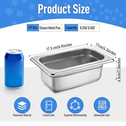 Maxcheck 12 Pack 1/9 Size Stainless Steel Hotel Pans with Lid, 2.5'' Deep