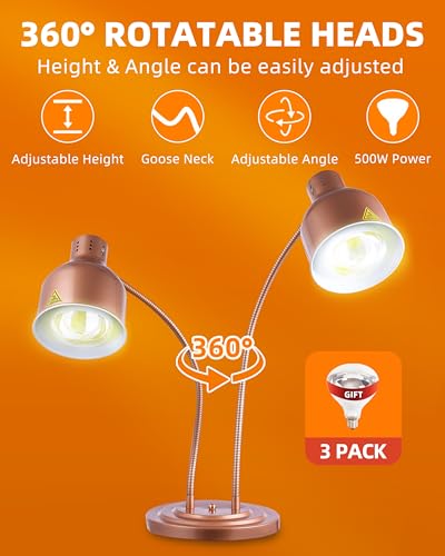 Food Heat Lamp with 3 Bulbs, 500W Rapid and Steady Heating, Matte Copper - color: Painted Copper
