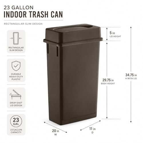 23 Gallon Slim Rectangular Commercial Trash Can, Heavy Duty Plastic Indoor Waste Bin for Kitchen, Office, Restaurant, School, Restroom & Janitorial Use (Brown, with Lid) - color: Brown
