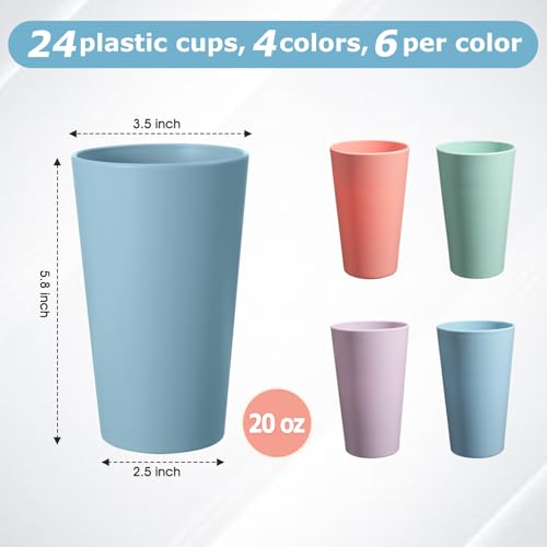 24 Pcs Unbreakable Plastic Cups Set, 20 oz Reusable Plastic Cups, Stackable Water Tumblers, Drinking Cup for Kitchen, Outdoor, BPA-free, Dishwasher Refrigerator and Microwave Safe (20 oz, 4 Colors) - color: 4-Light Multicolor, size: 20 oz