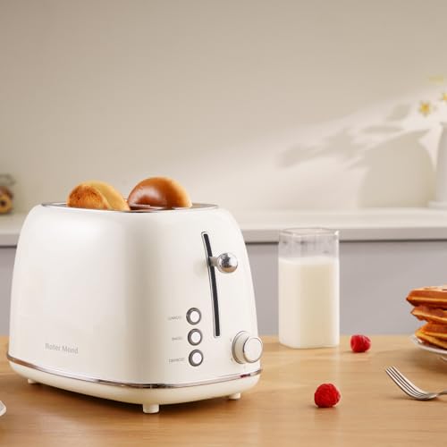 Roter Mond 2 Slice Toaster Retro Stainless Steel with Bagel, Cancel, and Defrost Functions, 6 Bread Shade Settings, Extra Wide Slots and Removable Crumb Tray, Cream - color: Cream