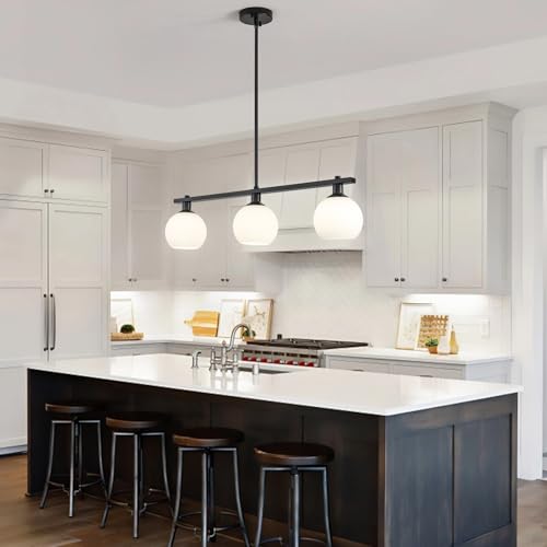 Kitchen Island Lighting 3 Lights Linear Pendant Light Fixtures With Milk Glass Shades Black Farmhouse Chandeliers for Dining Room Chandelier Over Table Mid Century Modern Hanging Light Fixture for Bar - color: 3 Light-Black