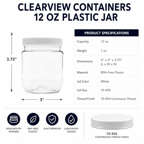 12 Pack - 12 oz (1.5 Cup) Plastic Storage Jars with 70-450 Leak Proof White Lid, Food Grade, BPA Free, Hand Wash Only (12oz, 12pk) - size: 12oz, 12PK White