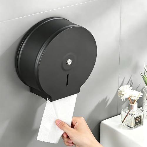 Commercial Jumbo Toilet Paper Dispenser, Black Stainless Steel Large Roll Bathroom Tissue Holder Wall Mount, 9” Diameter Lockable Dispenser with Key for Business Restrooms - color: Black