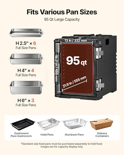 VEVOR Insulated Food Pan Carrier, 95 Qt Non-Electrical Food Warmer, with Wheel & 304 Stainless Steel Latch, LLDPE Stackable Hot Box, for Various Pan Sizes(NOT Included), Fit Catering BBQ Event(Black) - size: 25.6 x 17.7 x 24.4 in