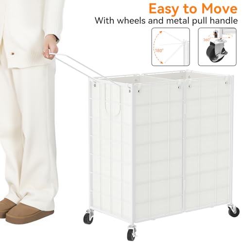 WOWLIVE Double Laundry Hamper with Wheels, Metal Rolling Laundry Basket - color: White, size: 120l