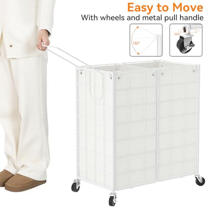 WOWLIVE Double Laundry Hamper with Wheels, Metal Rolling Laundry Basket - color: White, size: 120l