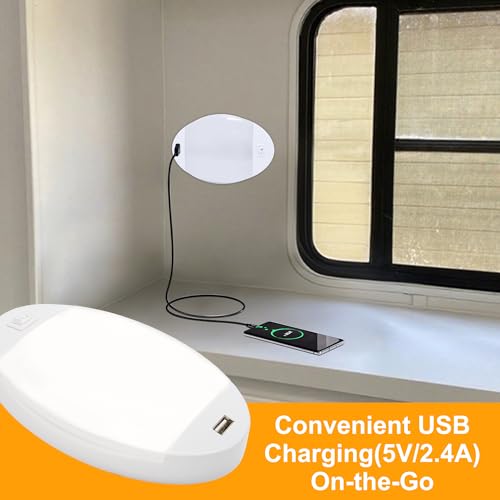 Facon 12V RV Interior Lights with Fast USB Charger (5V/2.4A) – Oval Pancake LED Ceiling Light Fixture with Switch, 12Volt Lighting for RV, Camper, Boat, Tiny Homes - size: Switch with USB Charger Socket, 1 Pack