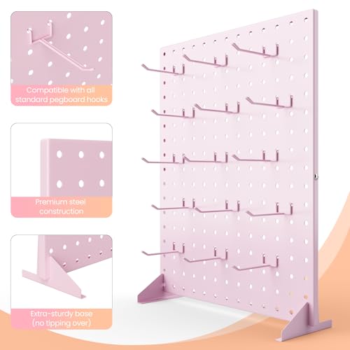 Peg Board Display Stand with 15 Hooks, Tabletop Metal Pegboard Shelf for Craft Shows & Fairs, Retail Stores, Vendors Arts and Crafts Finishing - 17x13Inch & Pink - color: Pink