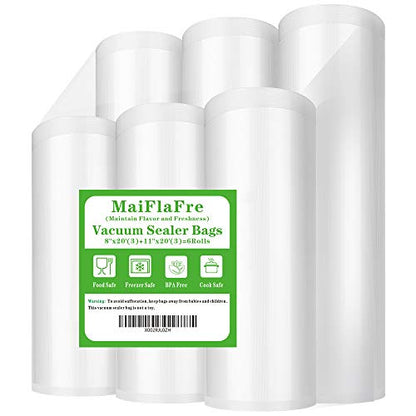 6RL Vacuum Sealer Bags Rolls 8"x20'(3)+11"x20'(3)for Food Storage - size: 6 Pack= 8"x20'(3Rolls)+11"x20'(3Rolls)