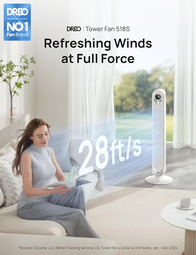 DREO Smart Tower Fan for Bedroom, Floor Standing Bladeless Oscillating Fan - color: Pearl White, size: 42 inch