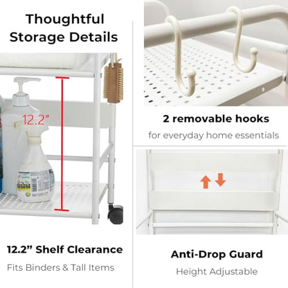 2-Tier Metal Rolling Cart, Compact Under Desk Storage Organizer - color: White