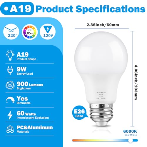 Maylaywood A19 LED Light Bulb 60W Equivalent, Dimmable 6000K Cool White - color: Cool White